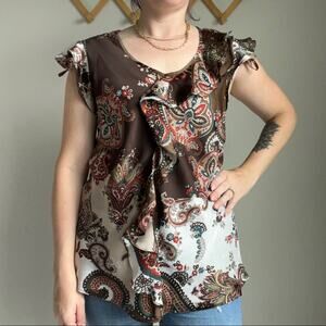 Signature by Larry Levine Brown Floral and Paisley Blouse Size XL